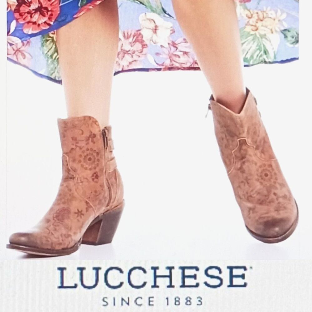 Lucchese Catalina Handmade Floral Print Calfskin Ankle Boot Double Buckle 6.5M